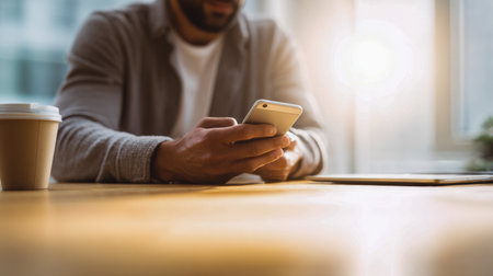 A tranquil moment captured indoors as a person casually scrolls through their device, with warm sunlight illuminating a steaming mug in a comfy, inviting space.の写真素材