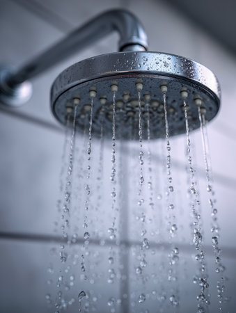 Gentle streams of water spill from a sleek, contemporary shower fixture, glistening against smooth tiled surfaces under diffuse sunlight, evoking serenity and renewaの写真素材