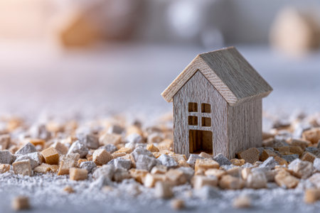 A tiny handcrafted house is positioned amidst an array of petite stones, evoking themes of development, property investment, and planning, bathed in gentle lightingの写真素材