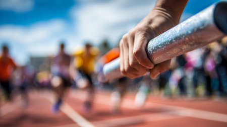 A determined runner passes the sleek baton to a teammate on a sunlit track, with a dynamic blur of competitors racing beneath a clear, bright sky.の写真素材