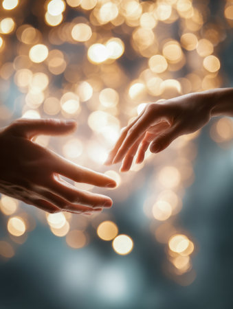 Two hands stretch out in gentle anticipation amid shimmering, luminous orbs that cast a tender glow, evoking a sense of unity, optimism, and heartfelt connection.の写真素材