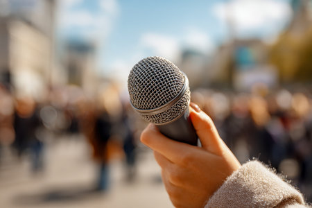 An individual passionately speaks into a handheld microphone on a lively city street, with a vibrant crowd and towering structures softly blurred behind under brightの写真素材
