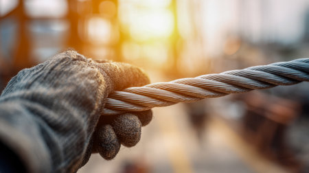 A laborer's gloved hands firmly grasp a sturdy steel cable, illuminated by gentle dawn light in an open-air industrial site, conveying strength and early work momentの写真素材