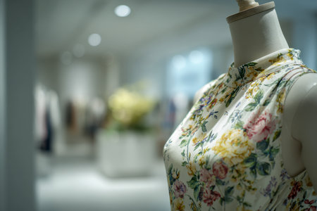 A graceful, sleeveless dress with intricate floral motifs is showcased on a mannequin, set against a gentle glow in a boutique, with blurred stylish elements and decの写真素材