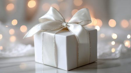 A pristine white present adorned with a smooth satin bow rests on a glossy surface, illuminated by gentle, festive glow amid a warm, softly blurred holiday backdrop.の写真素材