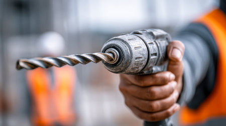 A construction professional grips a robust power tool with an oversized bit, poised for work, with safety gear visible and a blurred site environment in the backgrouの写真素材