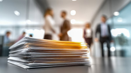 A towering pile of paperwork dominates a sleek office desk, amidst a backdrop of engaged professionals connecting in a contemporary workspace setting.の写真素材