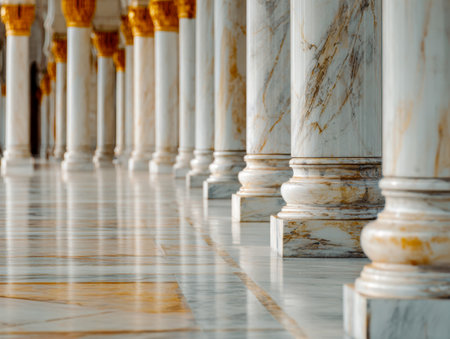 A majestic interior featuring gleaming marble pillars and a mirror-like floor echoing detailed craftsmanship, accented by ornate gold embellishments at the ceiling lの写真素材