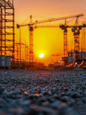 Golden hues bathe a bustling construction zone, with towering cranes and skeletal steel structures outlined against a fiery evening sky from a rugged ground view.の写真素材