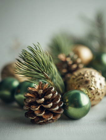 Elegant seasonal display with a rustic pinecone, lush evergreen branch, and shimmering green and gold ornaments, creating a warm, inviting atmosphere perfect for holの写真素材