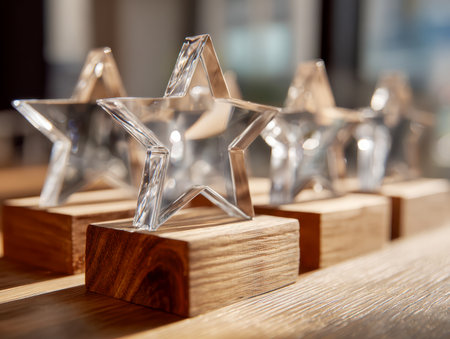 Elegant crystal trophies with star silhouettes rest on wooden bases, softly illuminated by natural light, capturing a sense of achievement and festive recognition.の写真素材