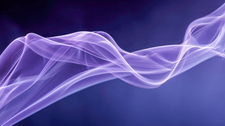 A mesmerizing display of violet vapor curls and waves, evoking tranquility and intrigue, set against a sleek dark blue gradient that enhances its abstract allure.の写真素材