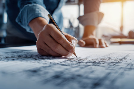 A dedicated architect sketches precise blueprints in a sleek, well-lit workspace, conveying meticulous planning and innovative design execution.の写真素材