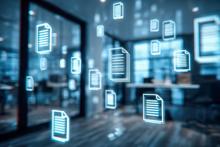 Dynamic digital icons drift through sleek office surroundings, illustrating cutting-edge data handling solutions and seamless cloud integration for enterprises.の写真素材