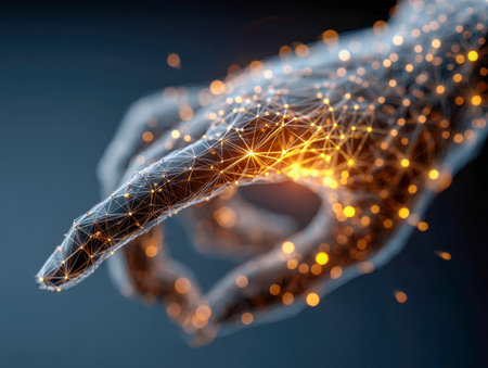 A sleek, luminous cybernetic limb formed by a web of radiant points and lines extends into the darkness, symbolizing cutting-edge innovation and digital progress.の写真素材