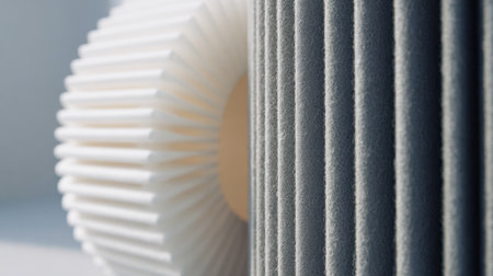 Close-up of structured filtration components featuring pleated paper surfaces, optimized for effective cleansing of air or fluids in machinery and engines.の写真素材