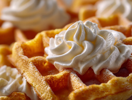 Warm, crispy waffles draped in smooth, luscious whipped cream beckon as a delightful treat perfect for mornings or sweet indulgence anytime.の写真素材