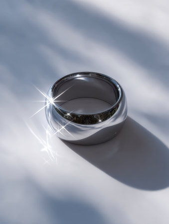 A polished silver band rests on a sleek white backdrop, with gentle shadows and twinkling highlights captured in natural sunlight, emphasizing elegance and simplicitの写真素材