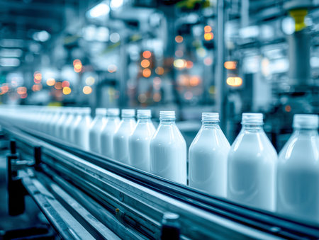 A sleek, modern factory scene showcasing a synchronized assembly process where rows of uniform bottles glide along illuminated conveyor belts, highlighting precisionの写真素材