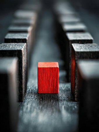 A vibrant red wooden piece commands attention amid uniform dark blocks, emphasizing distinctiveness and the power of standing out in a structured setting.の写真素材