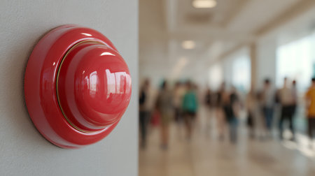 A vivid red safety switch isolated on a wall, with a lively corridor behind featuring blurred figures that evoke vigilance, readiness, and controlled response.の写真素材