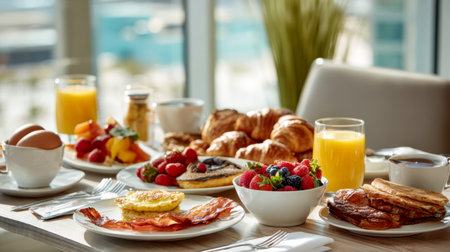 A glaming breakfast table showcases juicy berries, crispy bacon, fluffy eggs, golden pancakes, flaky croissants, and chilled orange juice, basking in sunlight throuの写真素材