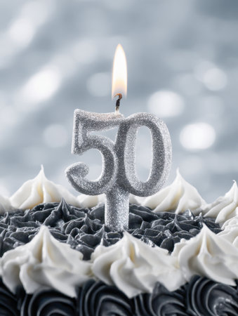 A shimmering silver numeral fifty candle glows atop a chic black and white themed cake, set against a festive bokeh backdrop celebrating a special milestone.の写真素材