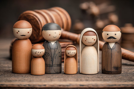 Charming handcrafted wooden family figures with cheerful expressions stand together, contrasted by a blurry courtroom hammer symbolizing legal decisions impacting faの写真素材