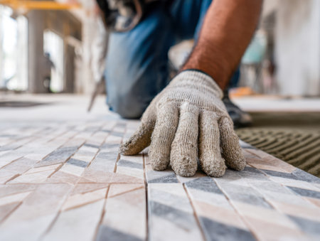 A skilled professional carefully places colorful ceramic pieces, enhancing the room's aesthetic with craftsmanship during a detailed interior upgrade.の写真素材