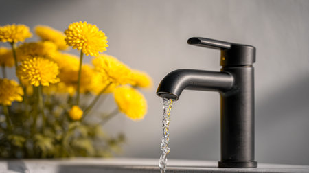 A sleek black faucet releases a gentle flow of pristine water, set against a softly blurred backdrop of vibrant yellow blossoms on a smooth gray surface.の写真素材