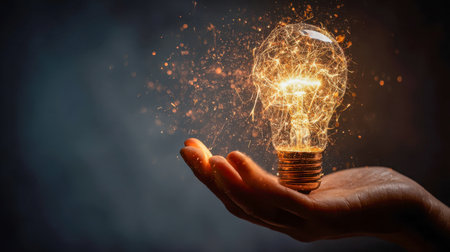 A human hand cradles an illuminated filament, casting vibrant sparks into a shadowy environment, evoking inspiration, inventive energy, and luminous breakthroughs.の写真素材