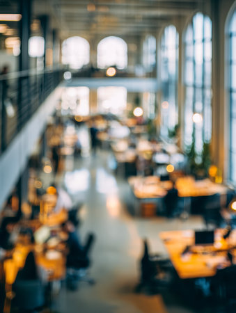 A dynamic workspace illuminated by expansive windows and soaring ceilings, where focused professionals collaborated amidst a lively, contemporary setting.の写真素材