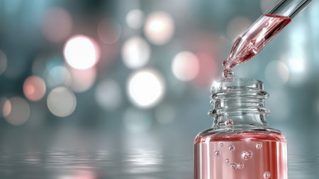 A precise dropper dispenses vibrant pink essence into a clear glass container, fizzing with tiny bubbles, set against a dreamy, illuminated backdrop perfect for beauの写真素材