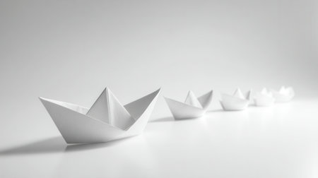 Elegant white paper vessels aligned neatly on a reflective surface, set against a plain backdrop that evokes clarity, innovation, and artistic expression.の写真素材