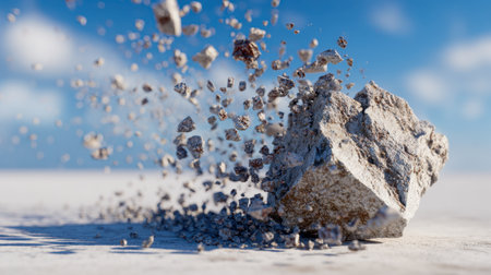 A dynamic burst of miniature rock shards disperses across a luminous surface beneath a vibrant blue sky, capturing motion and crystalline clarity.の写真素材