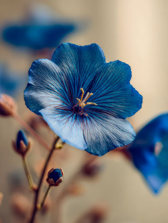 A fragile azure bloom displays intricate veins and tender petals, standing out vividly against a softly blurred, lush natural scenery in detailed botanical imagery.の写真素材