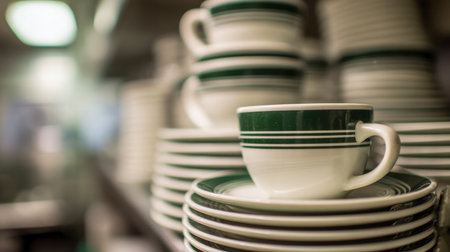 Elegant white porcelain cups with green accents are systematically organized on wooden shelves, illuminated by gentle, warm lighting that creates a cozy culinary atmの写真素材