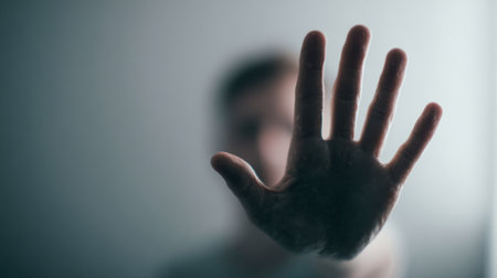 A solitary figure extends their hand outward, signaling a halt amid a softly lit, out-of-focus setting that emphasizes conveyance of boundaries or resistance.の写真素材