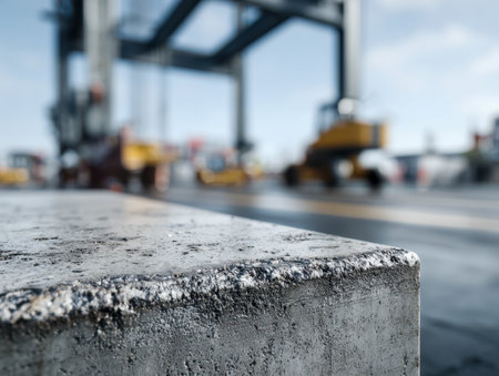 A weathered concrete block with a gritty surface dominates the foreground, set against a vibrant, sunlit industrial landscape with distant cranes and equipment softlの写真素材