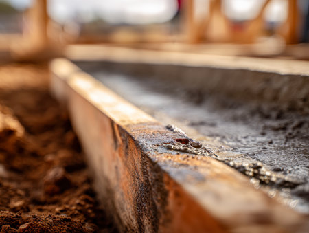 Warm sunlight bathes a freshly poured concrete slab framed by rough wooden forms, casting soft shadows on the subtle textures of the damp surface outdoors.の写真素材