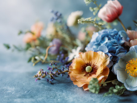 A soft cluster of colorful blossoms in shades of tangerine, sky blue, and blush pink, accented by lush greenery, gently displayed on a subtly textured pastel blue baの写真素材