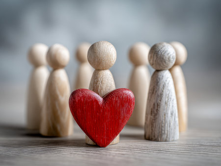 Wooden figurines, with one clutching a vibrant red heart, convey warmth and unity while a softly blurred backdrop emphasizes intimacy on a simple surface.の写真素材