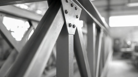 Intricate steel framework with visible rivets, set against a softly lit workshop environment, highlighting industrial craftsmanship and structural integrity.の写真素材