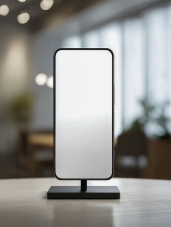 An elegant, slim home automation gadget stands upright on a wood surface, softly illuminated within a stylish, modern interior with blurred background elements.の写真素材