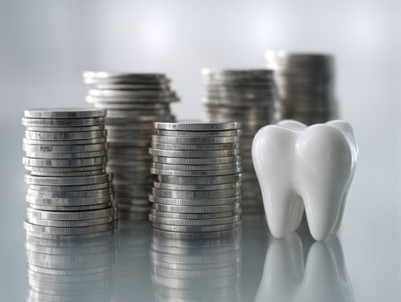 A pristine ceramic tooth sculpture positioned beside numerous silver coin towers, symbolizing the balance between dental expenses and smart financial management.の写真素材