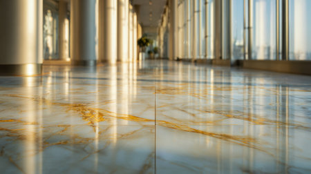 A vast, luminous corridor features gleaming marble flooring with shimmering golden streaks, enhancing an ambiance of sophistication and refined elegance.の写真素材