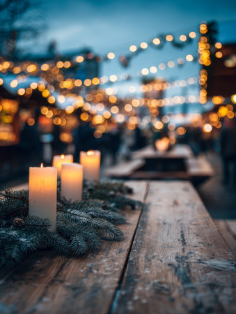 Flickering candle flames cast a cozy glow over weathered wooden surfaces, adorned with pine sprigs and gentle string illumination, creating a charming outdoor holidaの写真素材