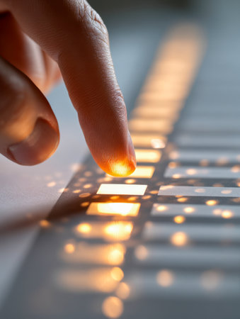 A human fingertip presses glowing digital controls within a sleek, high-tech environment, bathed in warm ambient reflections that evoke a sense of cutting-edge innovの写真素材