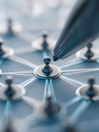 Digital blue features landscape strategic game pieces linked in a dynamic web, with a pen directing focus to the core, symbolizing collaboration and planning.の写真素材