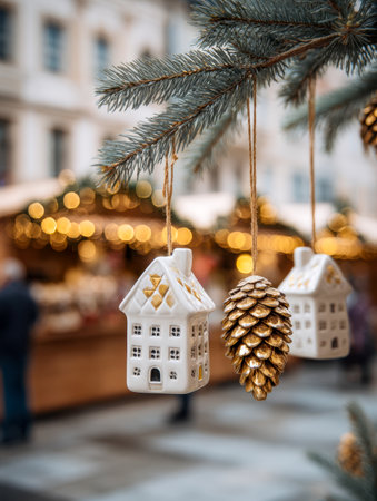 Delicately crafted ceramic cottages and a luminous golden pinecone sway gently from a tree branch, set against a soft glow of festive market lights, filling the sceneの写真素材